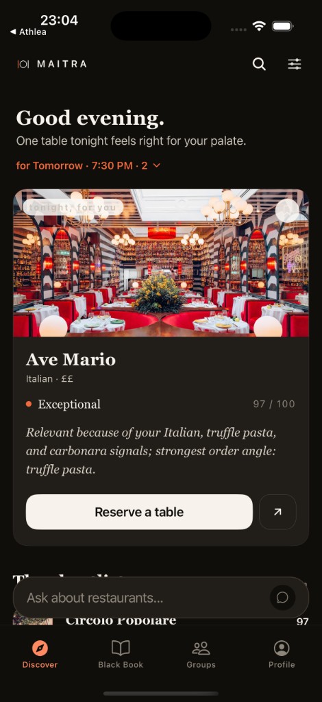 Maitra app, personalised restaurant discovery